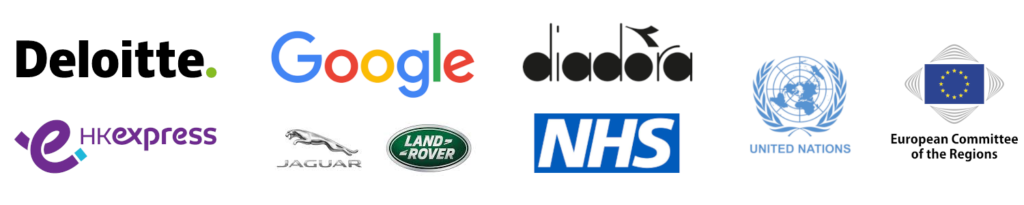 A selection of the companies and organisations that my clients have successfully interviewed for. Logos of Deloitte, Google, Diadora, HK Express, Jaguar Land Rover, NHS, United Nations and the European Committee of the Regions.